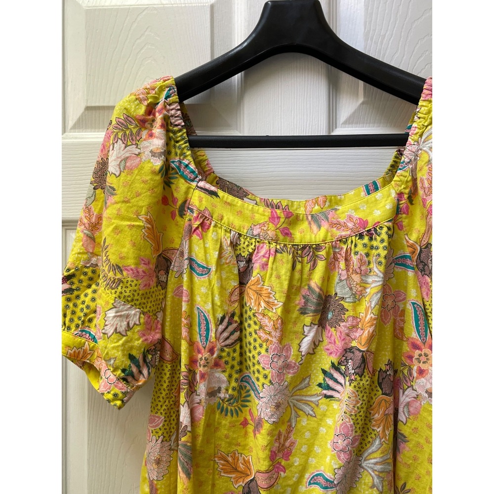Loft Women's Medium Top Yellow Floral Linen Blend Knit Square Neck Blouse